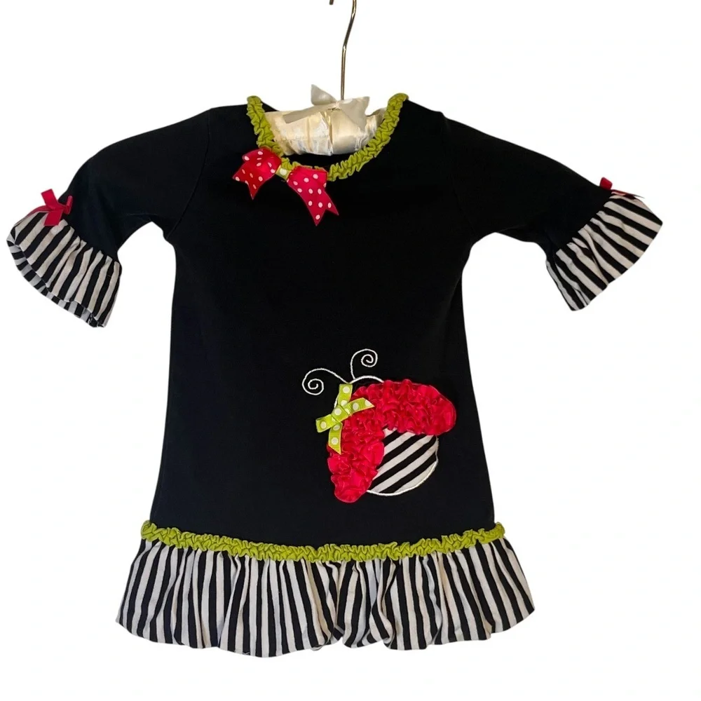 Rare Editions 2T Girls Dress Ladybug Bows Black Pink Striped Ruffled Bubble Hem
